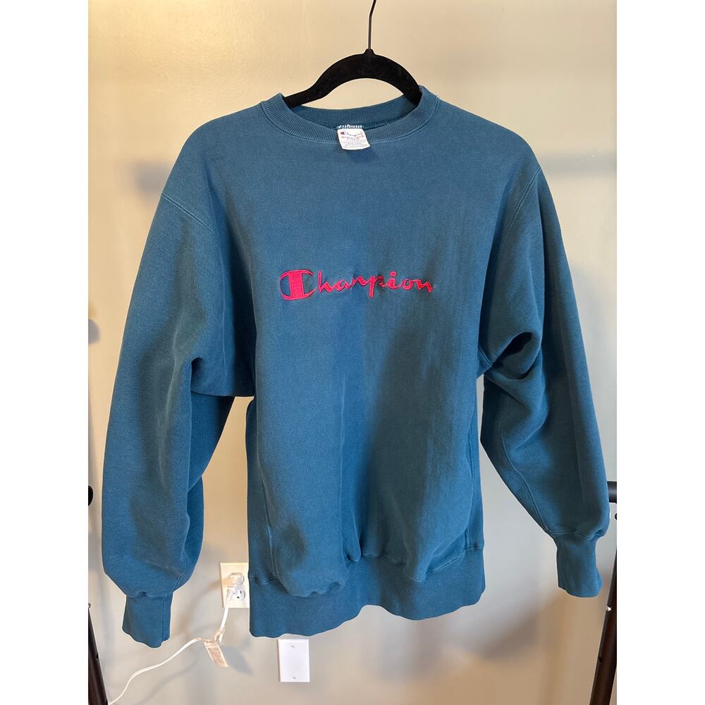 Vintage 90s Champion Reverse Weave Sweatshirt, Turquoise Embroidered Front